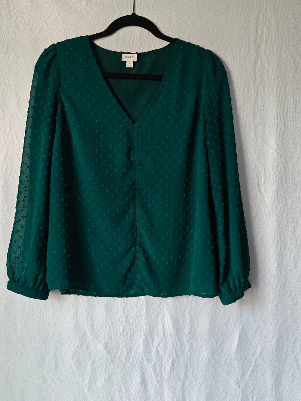 J. CREW V-Neck Swiss Dot Clip Dot Blouse Emerald Green Long Sleeve Size Small